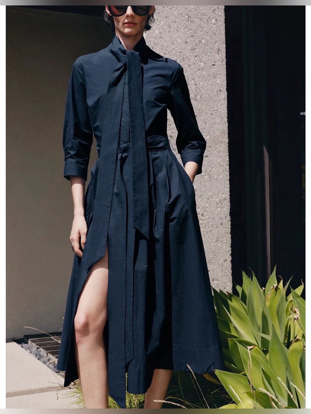 Zara Classic Navy Poplin Dress with Waist Tie NWT see ph 8 for small defect